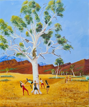 Denis Harrold, Tree Huggers – When Hockney's Dancers Visited Namatjira Country , Acrylic on Canvas, 2026, 610 × 518 mm. $795
