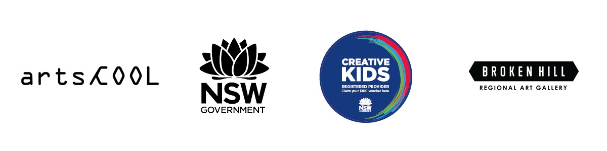 logos for artscool, nsw government, creative kids and broken hill regional art gallery