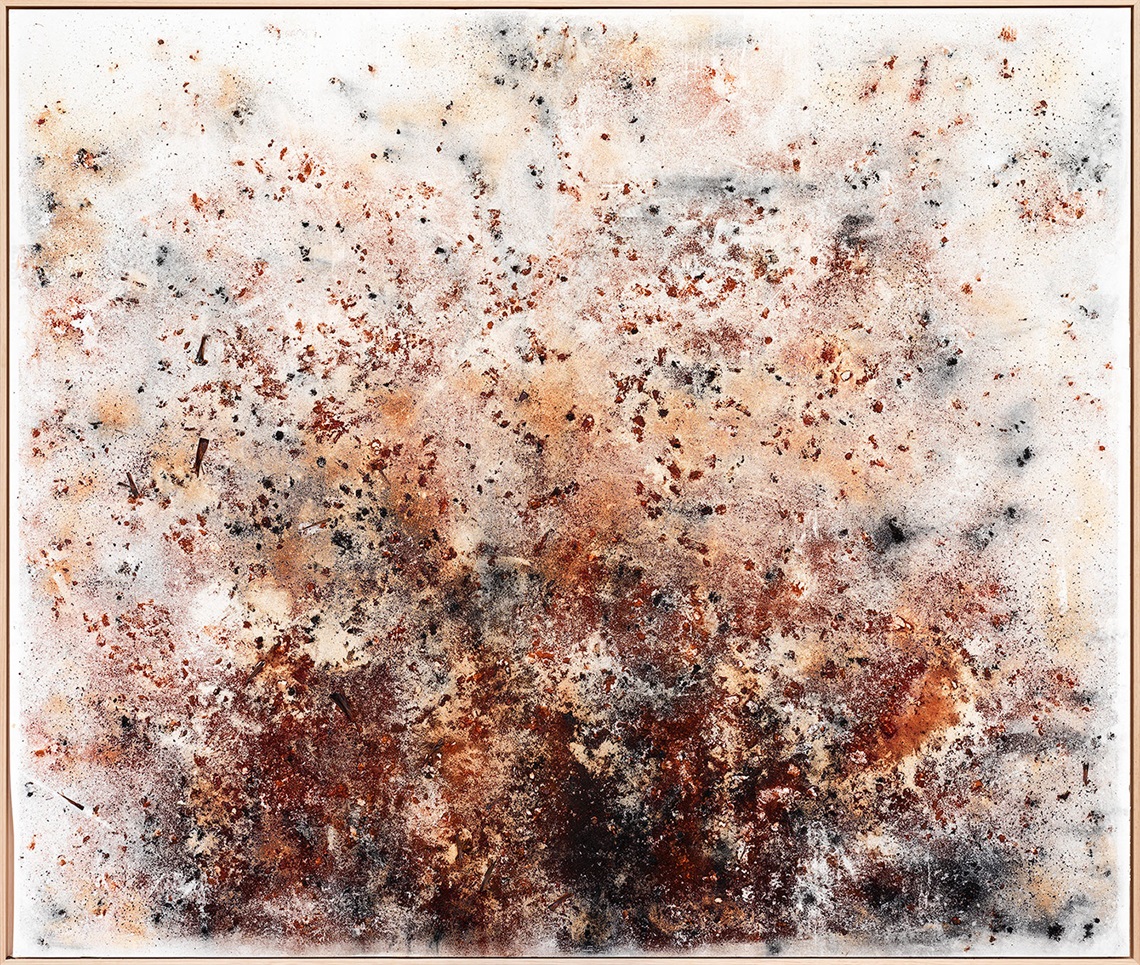 Skeer_Jane_Out of the Ashes I_2020_burnt and smashed xantthorroea leaves from KI bushfires on paper_150 x 180cm__Image.jpg