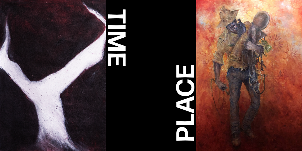 TIMEPLACE COVER ARTWORK, BLACK AND WHITE WORK ON THE LEFT AND RED DUSTY ORANGE ON THE RIGHT